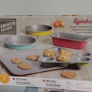 Gibson 5-Piece Nonstick Bakeware Set in Yellow, Teal & Pink